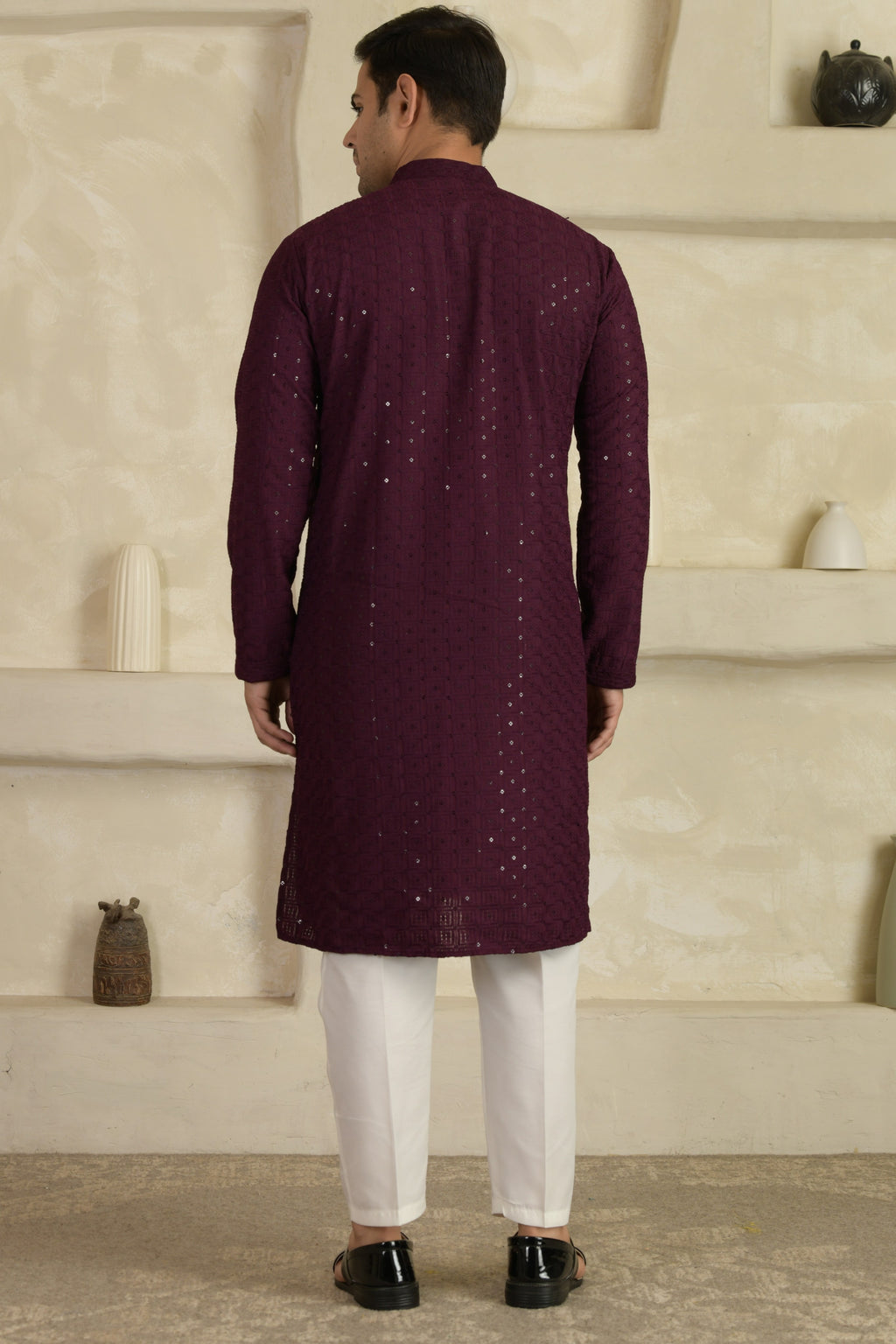 Wine Chevron Embroidered Mandarin Collar Kurta With Pyjamas