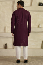 Wine Chevron Embroidered Mandarin Collar Kurta With Pyjamas