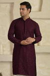 Wine Chevron Embroidered Mandarin Collar Kurta With Pyjamas