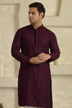 Wine Chevron Embroidered Mandarin Collar Kurta With Pyjamas