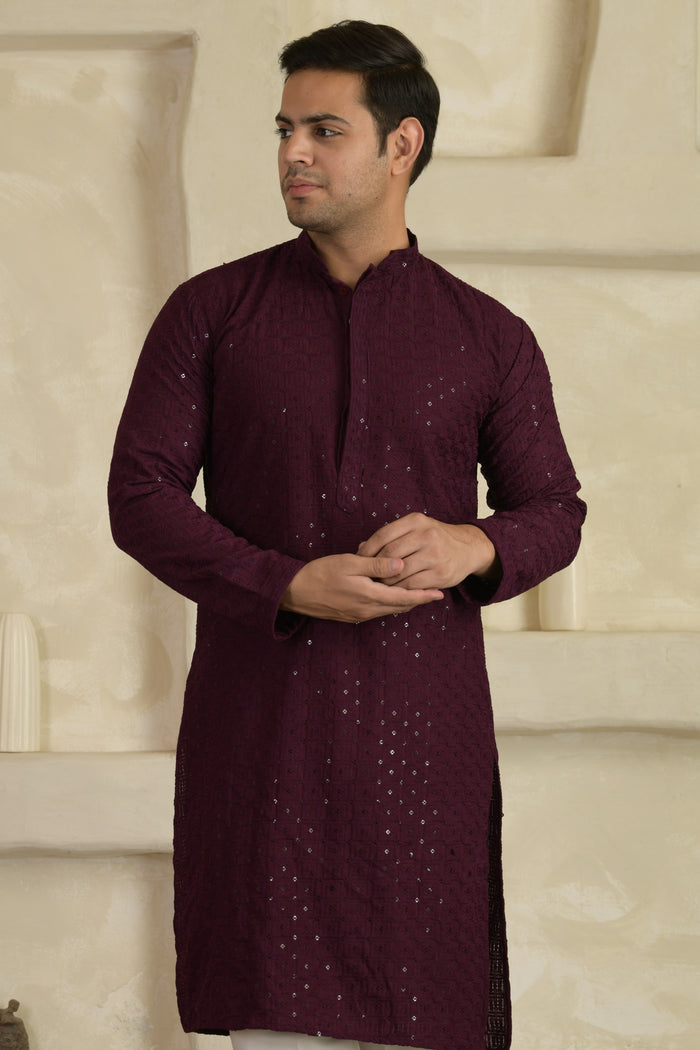 Wine Chevron Embroidered Mandarin Collar Kurta With Pyjamas