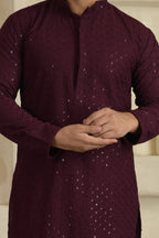 Wine Chevron Embroidered Mandarin Collar Kurta With Pyjamas