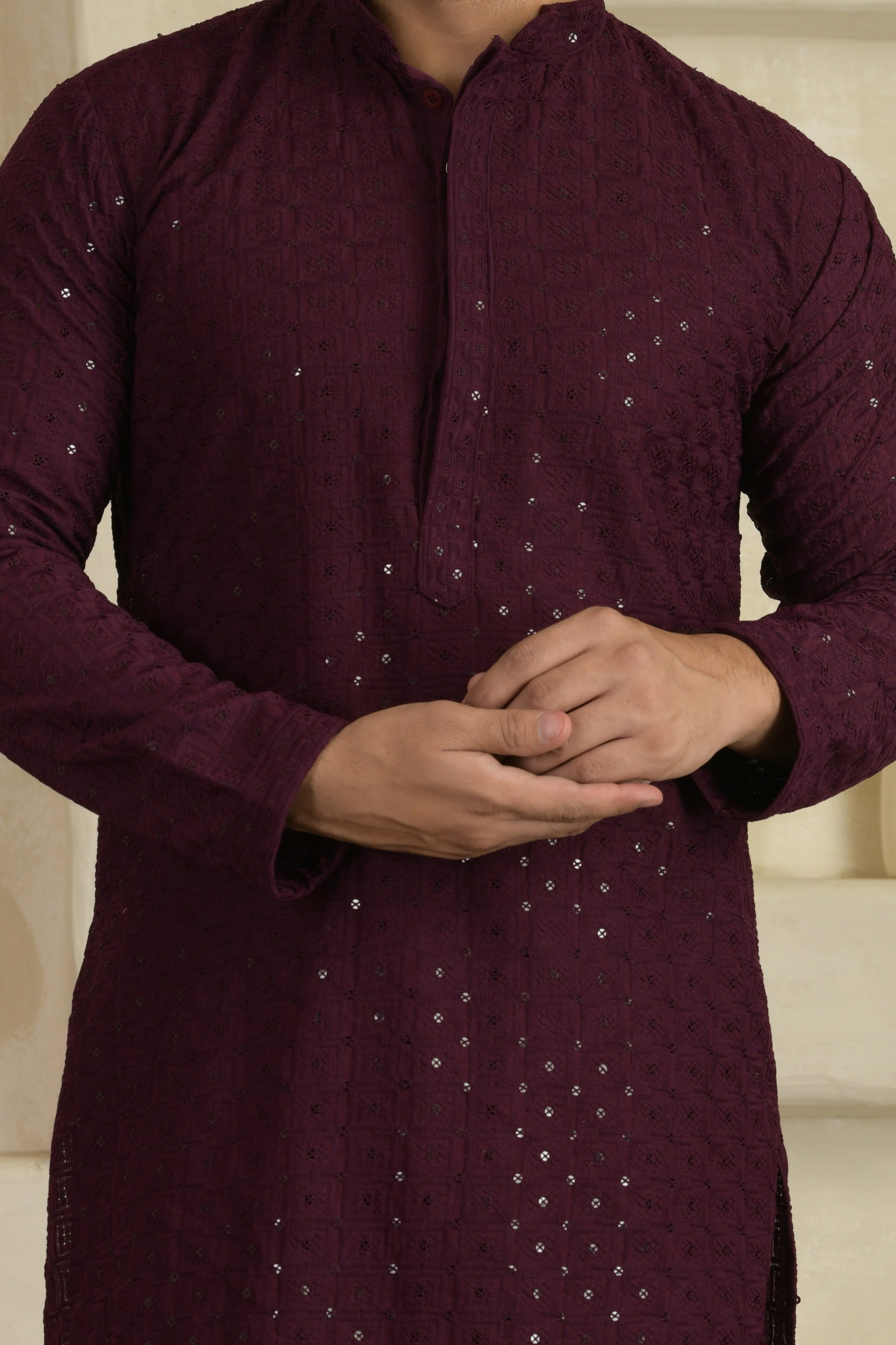 Wine Chevron Embroidered Mandarin Collar Kurta With Pyjamas