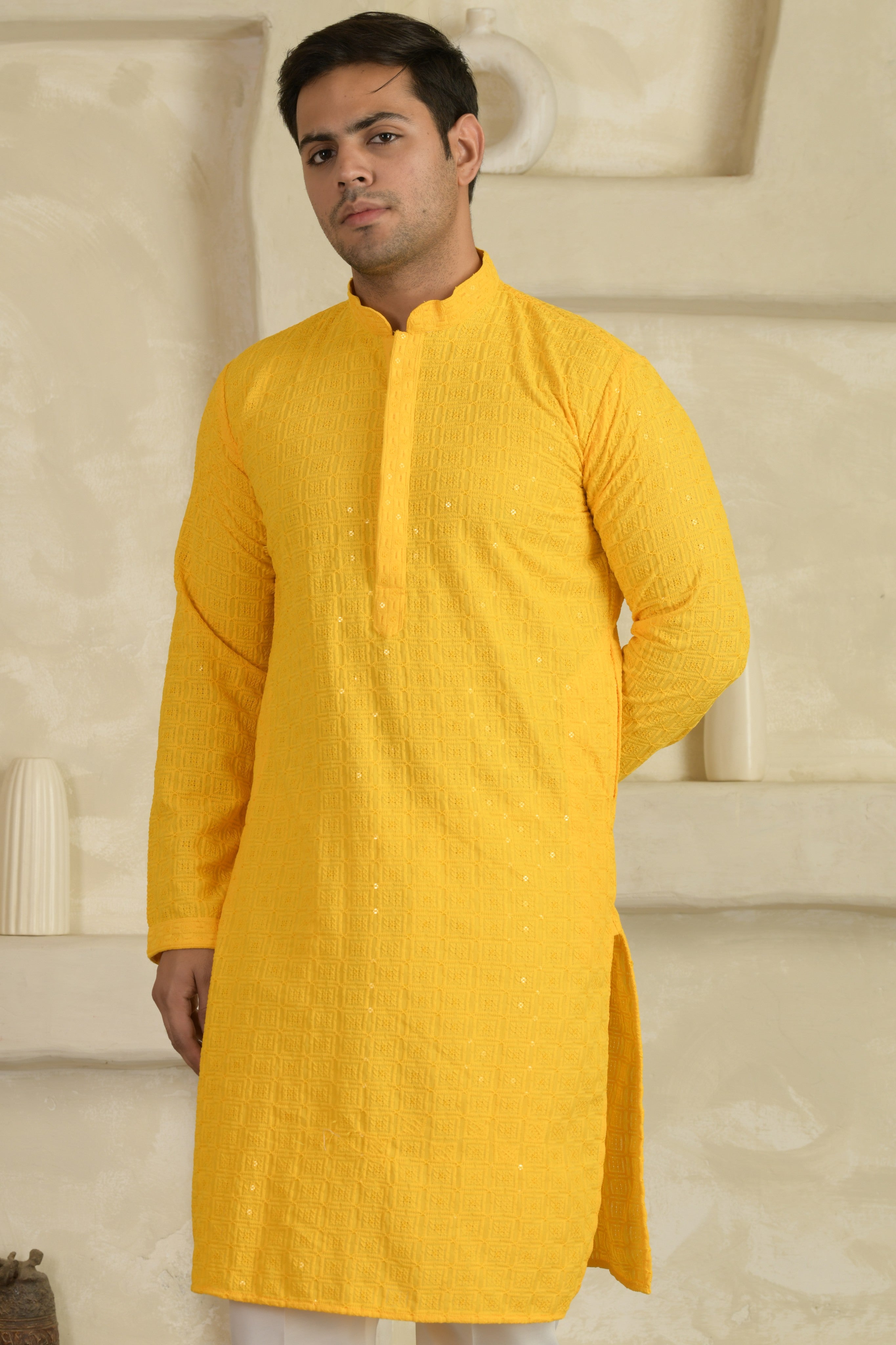 Yellow Chevron Embroidered Mandarin Collar Kurta With Pyjamas