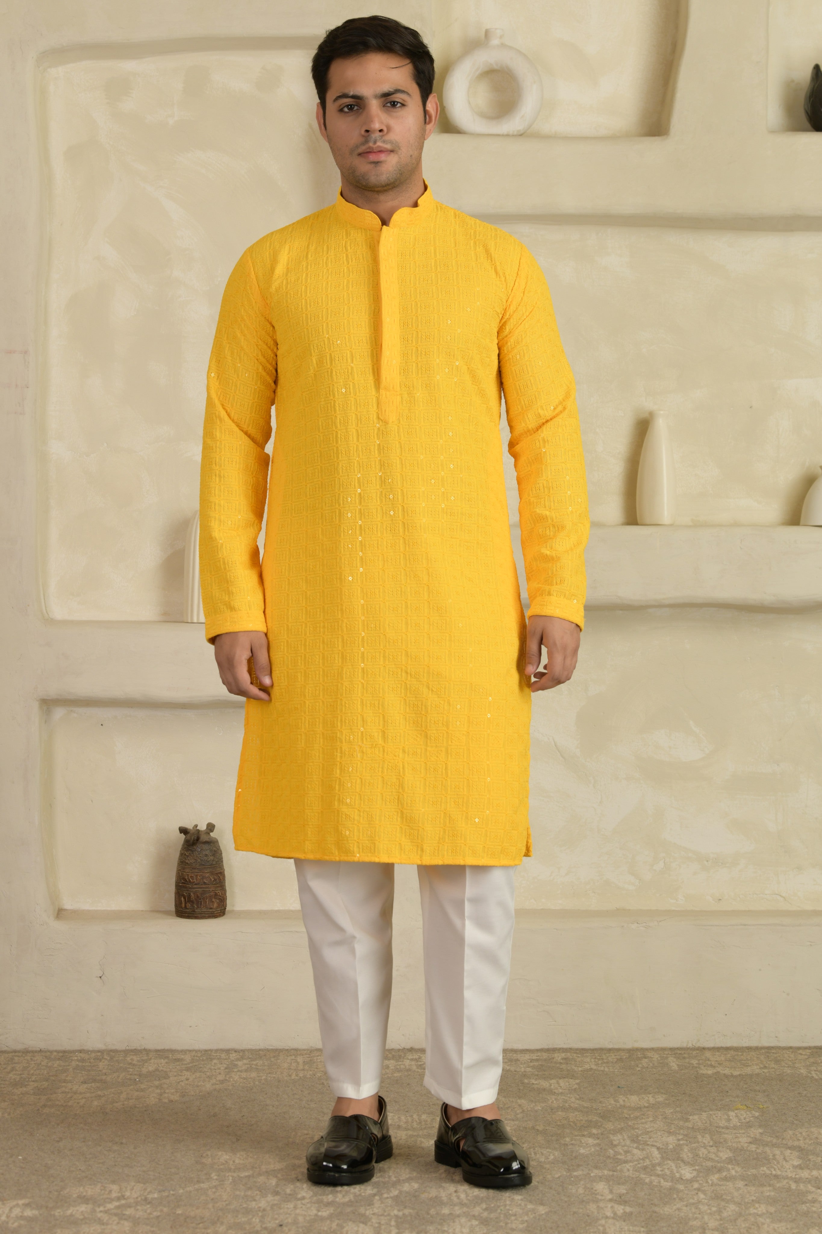 Yellow Chevron Embroidered Mandarin Collar Kurta With Pyjamas