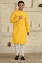 Yellow Chevron Embroidered Mandarin Collar Kurta With Pyjamas