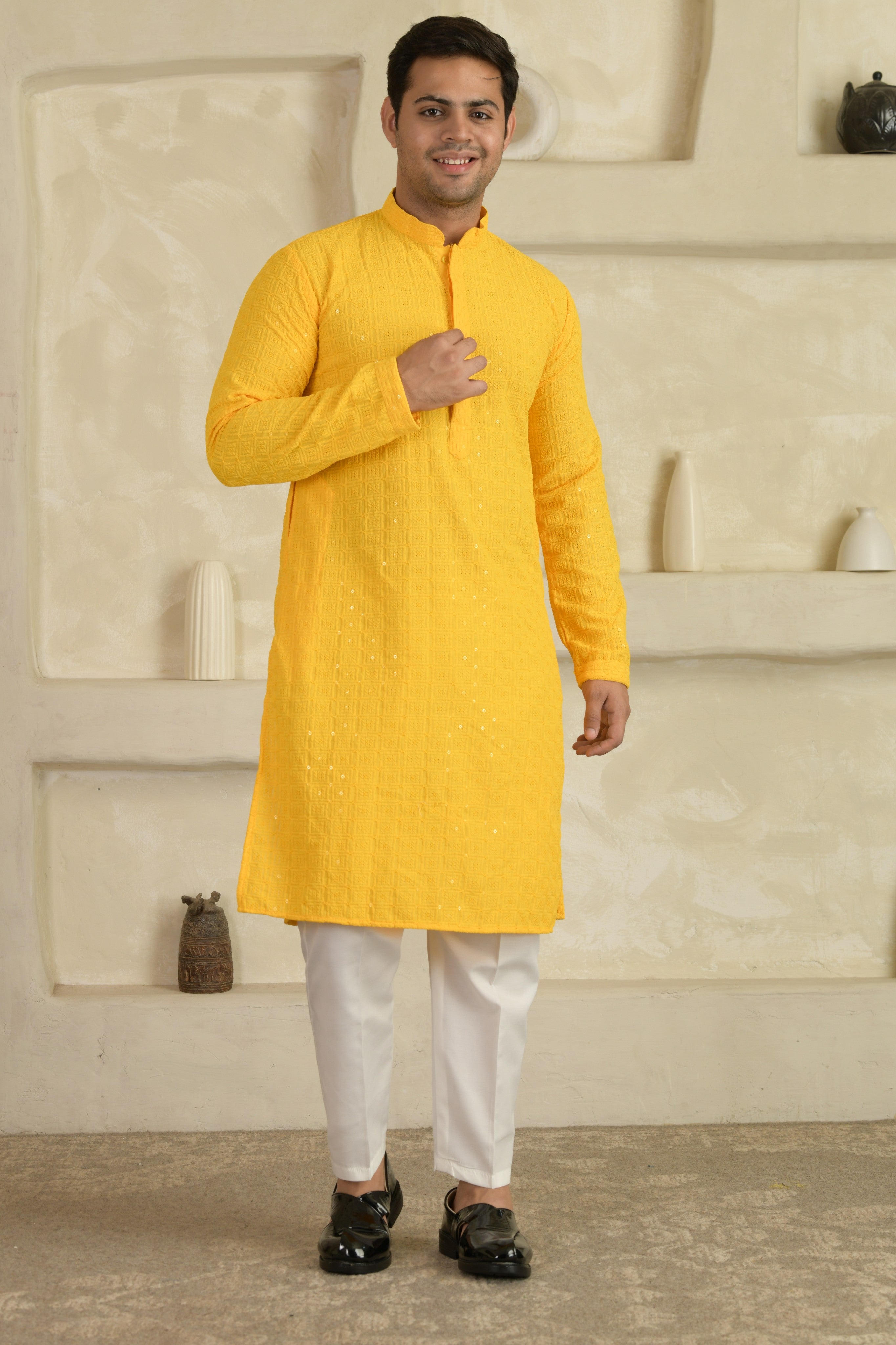 Yellow Chevron Embroidered Mandarin Collar Kurta With Pyjamas