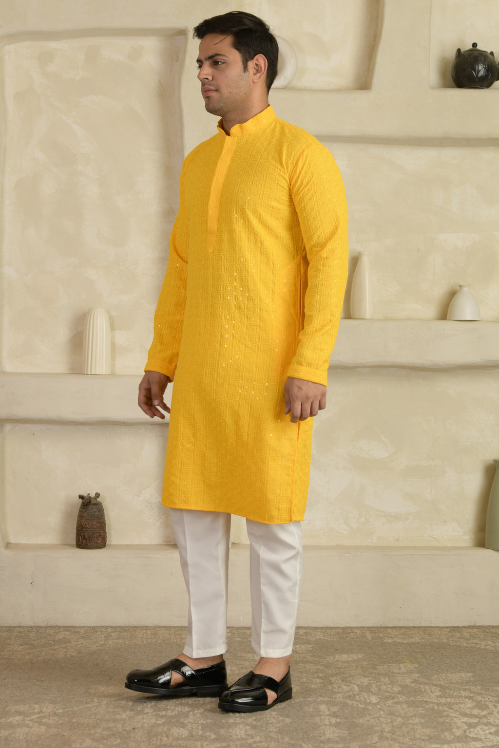 Yellow Chevron Embroidered Mandarin Collar Kurta With Pyjamas