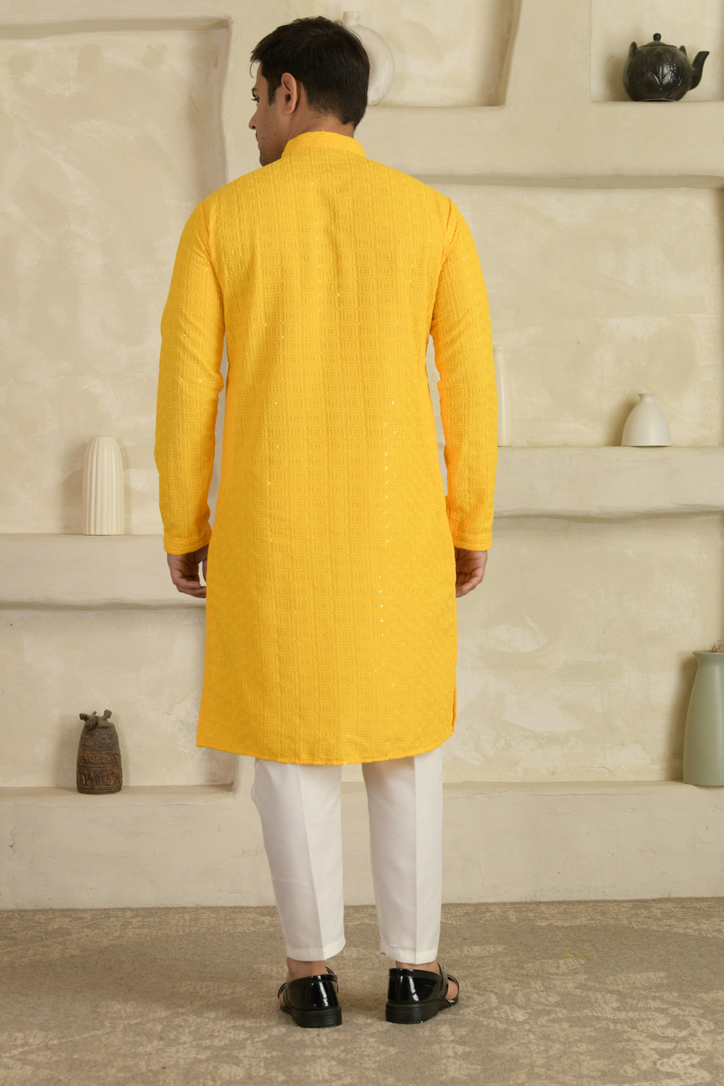 Yellow Chevron Embroidered Mandarin Collar Kurta With Pyjamas