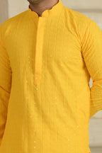 Yellow Chevron Embroidered Mandarin Collar Kurta With Pyjamas