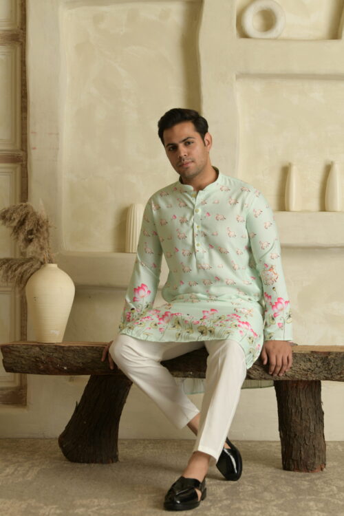 Men’s Mint Green Kurta with Lotus & Elephant Motif
