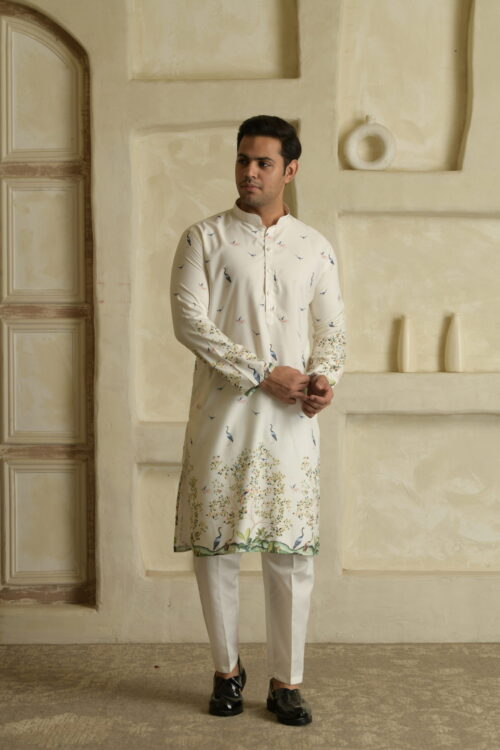 Men’s Off-White Kurta with Delicate Bird & Foliage Print