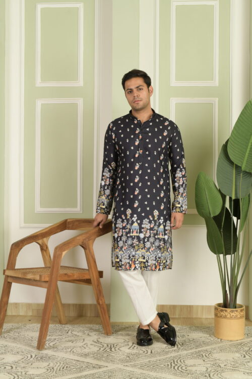 Men’s Black Printed Kurta Pyjama