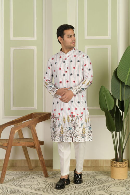Men’s White Printed Kurta with Nature-Inspired Motifs