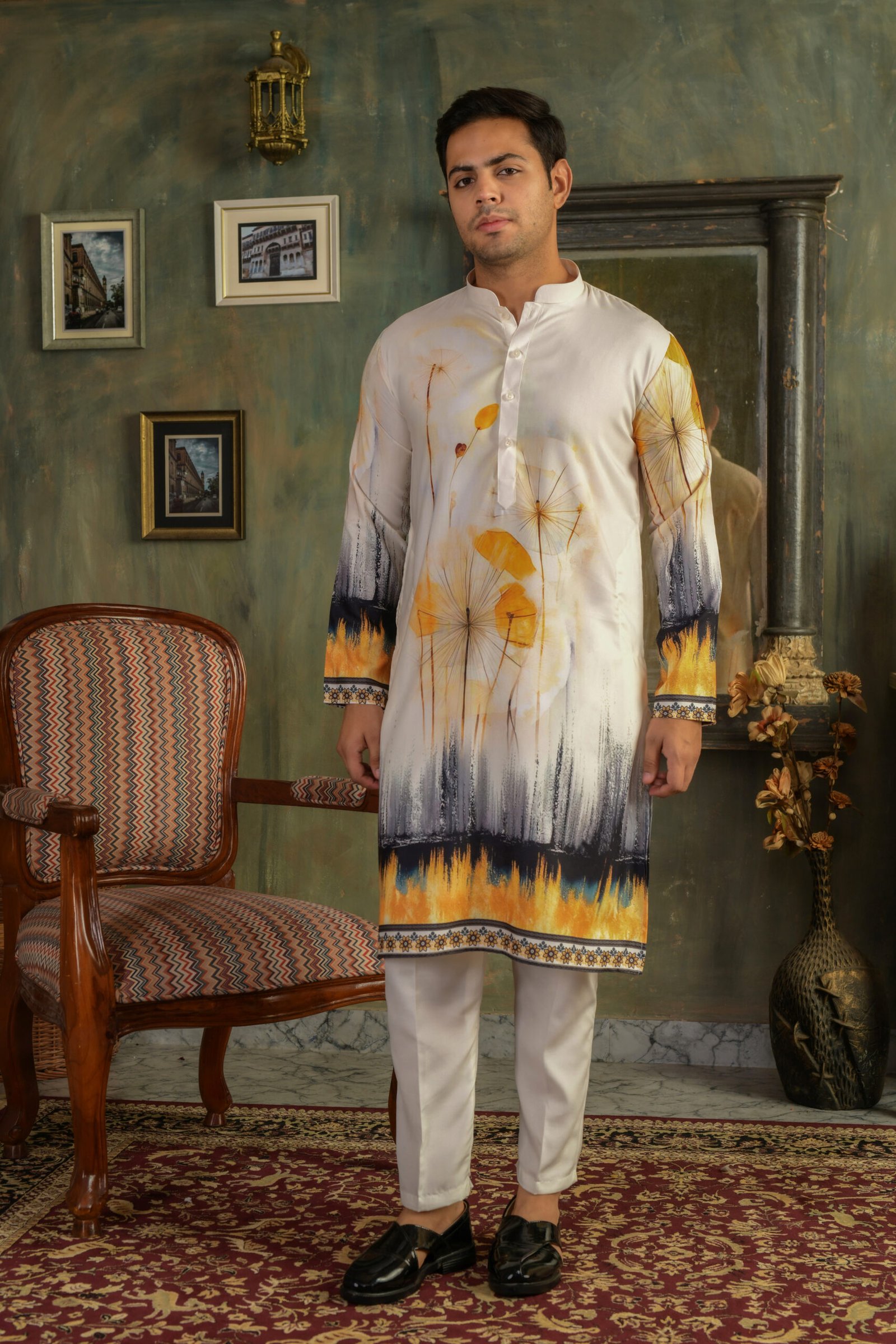 Golden Abstract Printed Cotton-Rayon Kurta